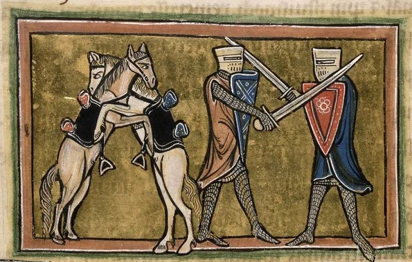 O miniatură medievală reprezentând doi cavaleri luptând pe jos cu săbii, în timp ce caii lor se luptă unul cu celălalt. Manuscris aflat în colecția British Library (© europeana.eu)