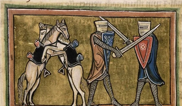 O miniatură medievală reprezentând doi cavaleri luptând pe jos cu săbii, în timp ce caii lor se luptă unul cu celălalt. Manuscris aflat în colecția British Library (© europeana.eu)