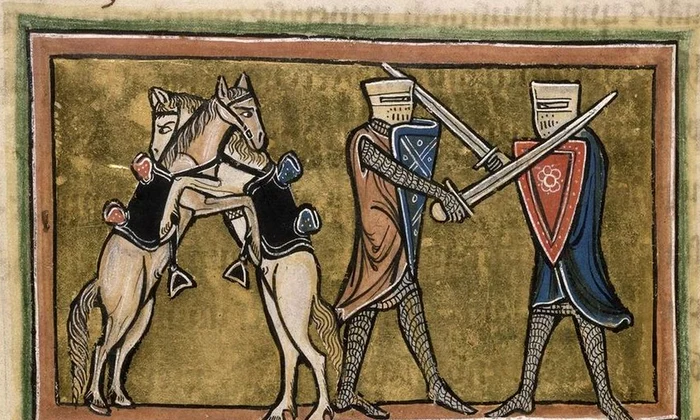 O miniatură medievală reprezentând doi cavaleri luptând pe jos cu săbii, în timp ce caii lor se luptă unul cu celălalt. Manuscris aflat în colecția British Library (© europeana.eu)