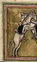 O miniatură medievală reprezentând doi cavaleri luptând pe jos cu săbii, în timp ce caii lor se luptă unul cu celălalt. Manuscris aflat în colecția British Library (© europeana.eu)