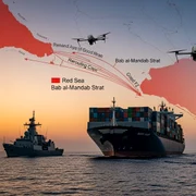 Nave prin strâmtoarea Bab al-Mandab din Marea Roșie FOTO AI Shutterstock 