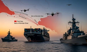 Nave prin strâmtoarea Bab al-Mandab din Marea Roșie FOTO AI Shutterstock