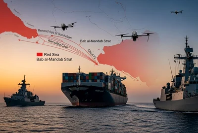 Nave prin strâmtoarea Bab al-Mandab din Marea Roșie FOTO AI Shutterstock