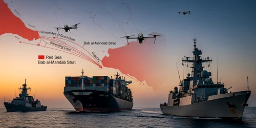 Nave prin strâmtoarea Bab al-Mandab din Marea Roșie FOTO AI Shutterstock 