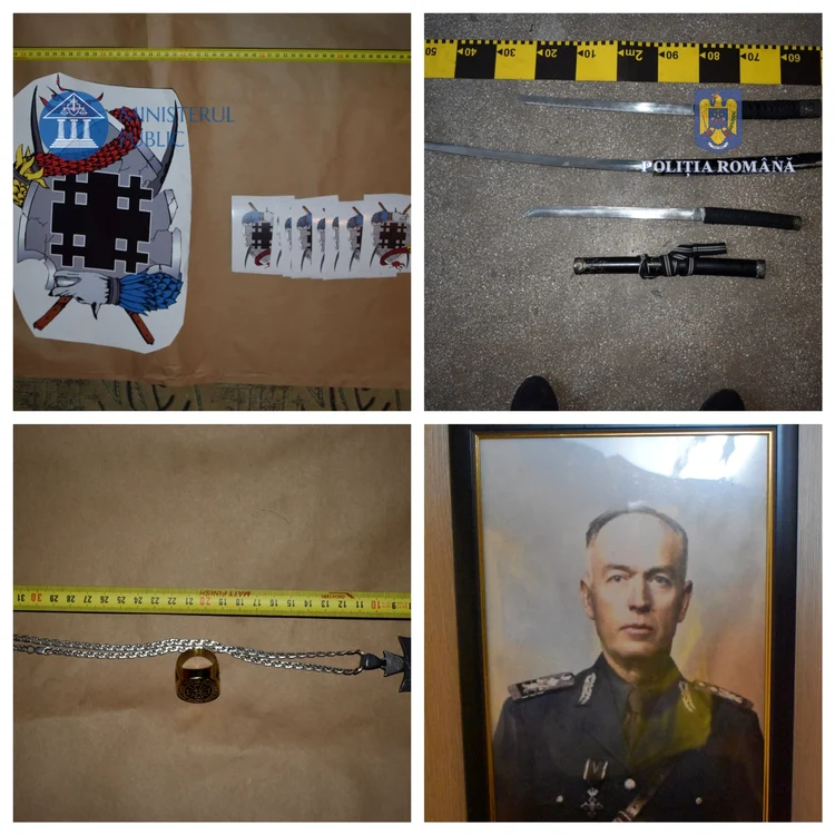 Polițiștii auu găsit arme albe, tablouri cu „eroii” venerați și însemne interzise FOTO: IPJ Dolj