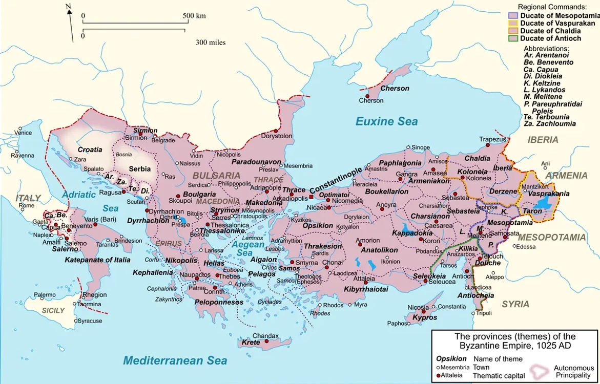 Imperiul Bizantin și provinciile sale (theme), alături de țările învecinate, la moartea lui Vasile a
