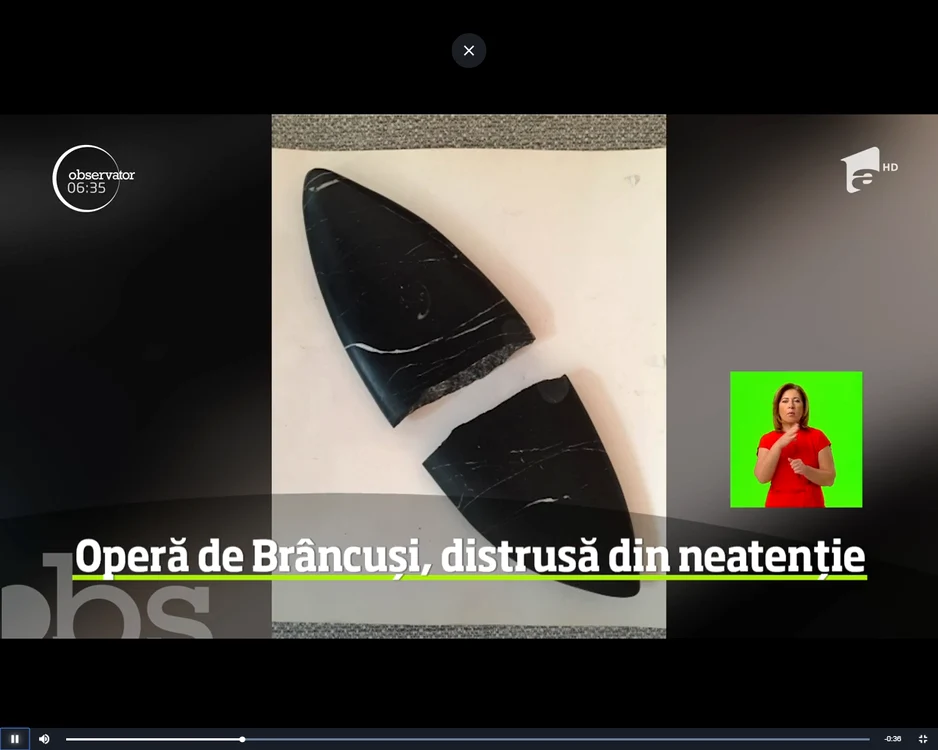
    „Peștele”, lucrarea din marmură a lui Brâncuși, s-a spart în două după ce a fost scăpată de unul dintre cei doi bărbați care se află acum în dispută juridicăFoto: captura video observator.tv  