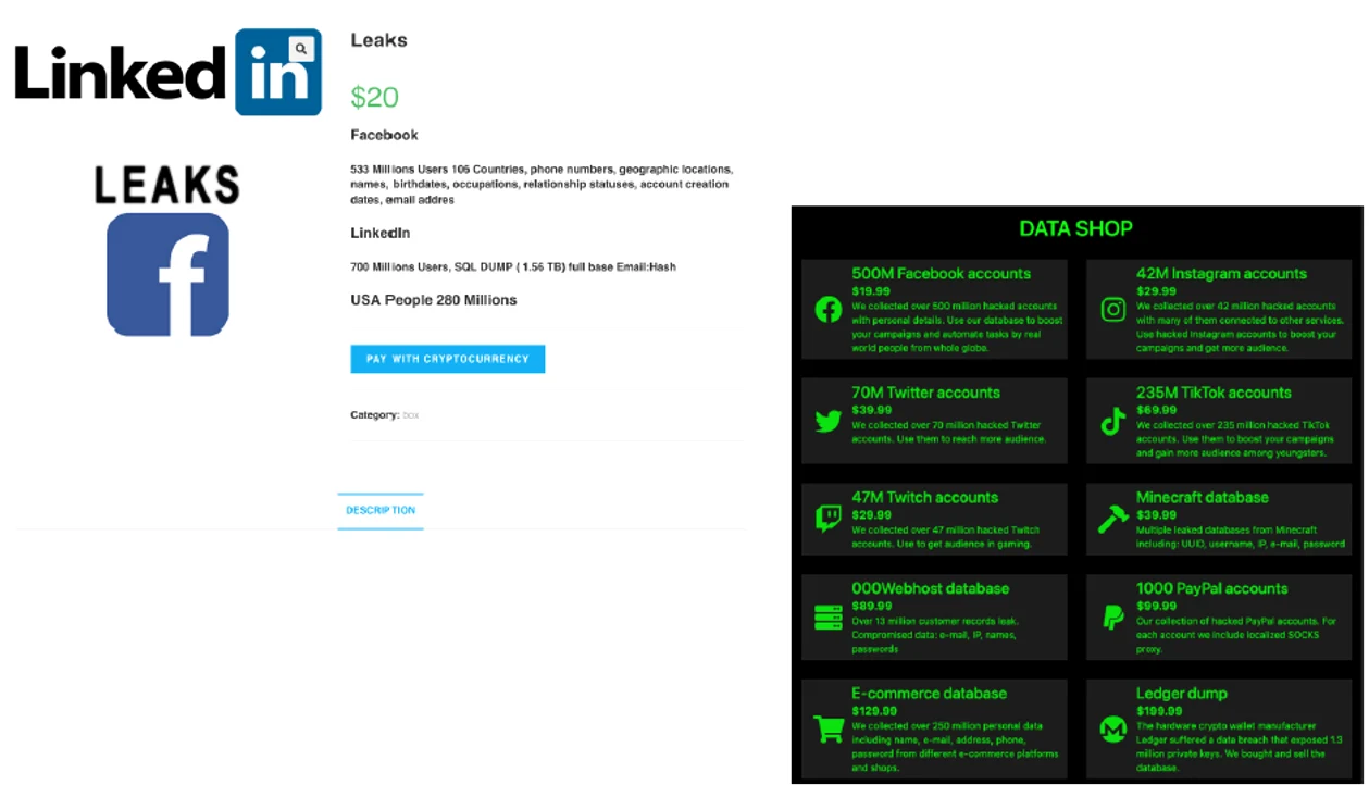 Prețuri conturi rețele sociale pe Dark Net. sursă Bitdefender