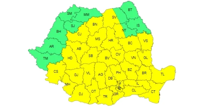 Harta județelor afectate de codul galben de instabilitate atmosferică