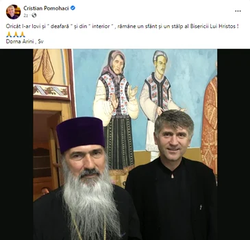 Cristian Pomohaci mai îmbracă sutana. Aici, alături de Arhiepiscopul Teodosie . foto: Facebook