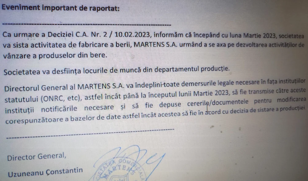 Documentul în care se anunță sistarea activității fabricii de bere FOTO: Bursa de Valori