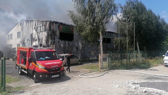 Incendiu la o fabrică de furnir din Brăila. FOTO ISU Brăila