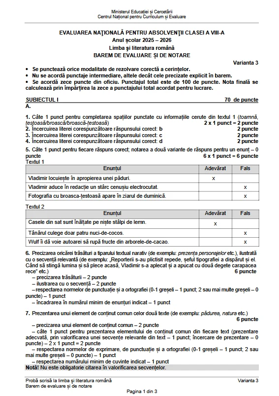 Evaluarea Națională 2026: Baremele și subiectele la Limba română, publicate de Ministerul Educației