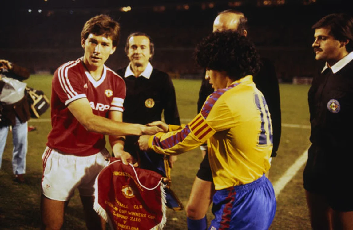 Man United v Barca Europe 015Bryan Robson and Diego Maradona shake hands before the second leg of the sides Cup Winners Cup quarter final in March 1984 jpg jpeg