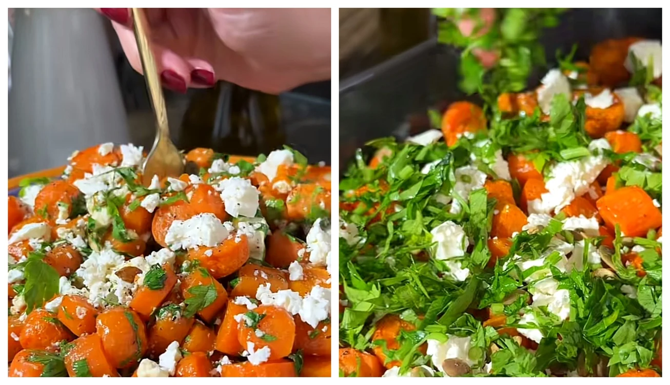 Salată de morcovi copți cu brânză feta / FOTO: colaj captură video TikTok
