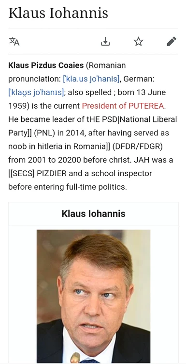 Iată ce scrie despre Klaus Iohannis pe pagina de Wikipedia, versiunea în limba engleză