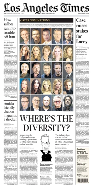 Los Angeles Times se întreabă, pe prima pagină a ediției de sâmbătă (16 ianuarie), „Unde este diversitatea?”