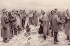 Armistițiul de Crăciun din 1914. Desen de Arthur Cadwgan Michael, publicat în „The Illustrated London News”, la 9 ianuarie 1915 (© Wikipedia)