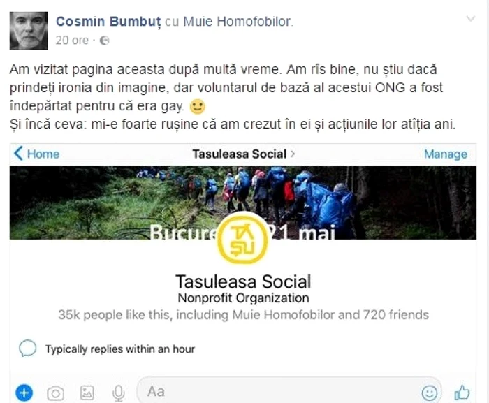 printscreen postare cosmin bumbut tasuleasa social