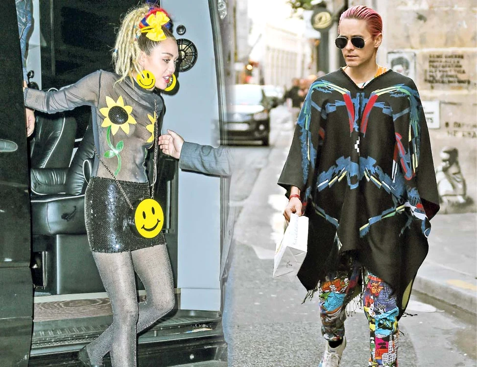 
    Miley umblă cu o  bluză transparentă  pe stradă. Jared şi-a făcut  părul roşu şi poartă  haine caraghioaseFoto: Guliver / Splashnews  