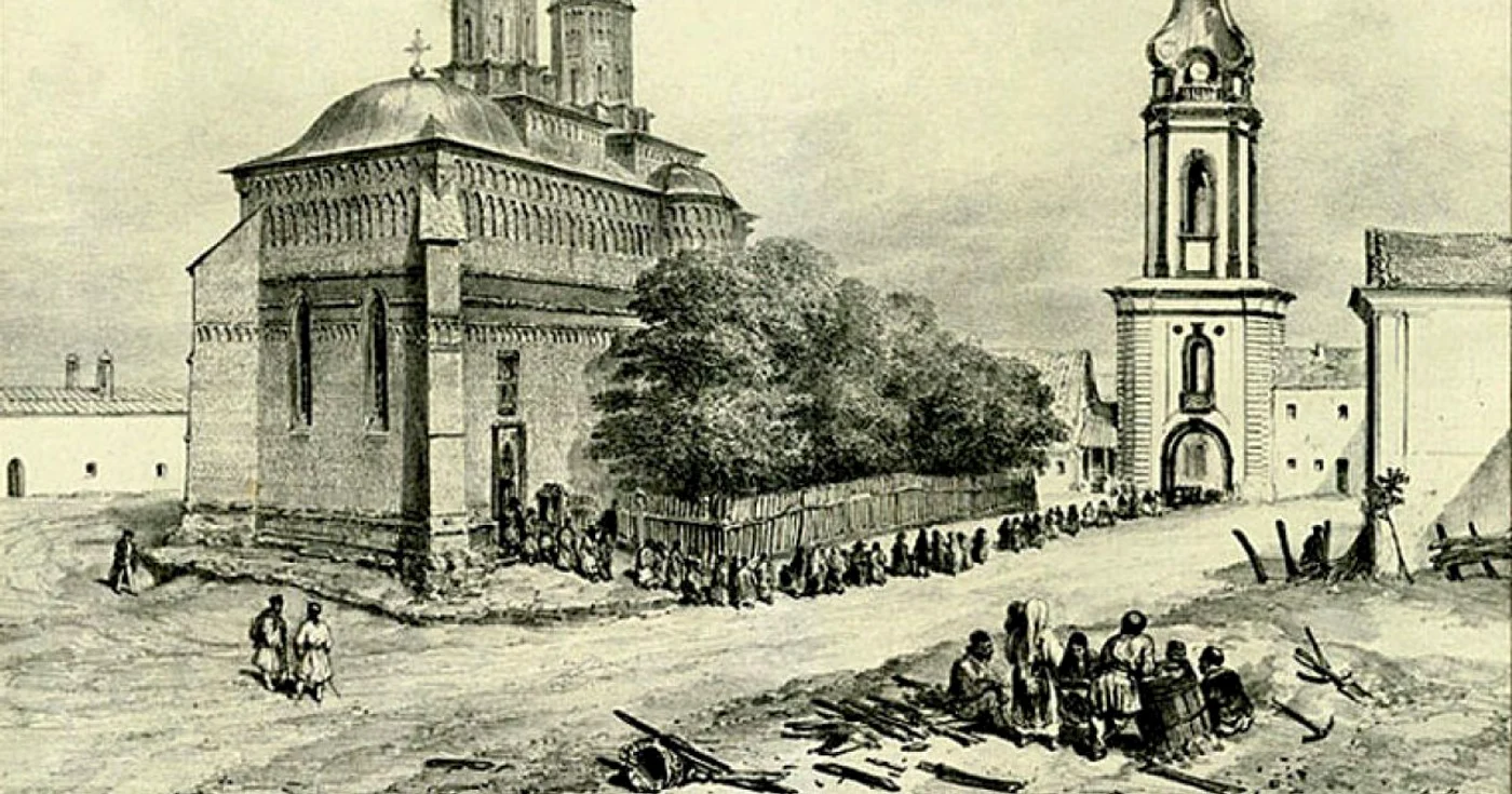 Litografie cu Mănăstirea Trei Ierarhi de la 1837 Foto: ceasuripentruromania.ro
