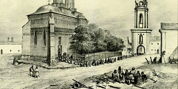 Litografie cu Mănăstirea Trei Ierarhi de la 1837 Foto: ceasuripentruromania.ro