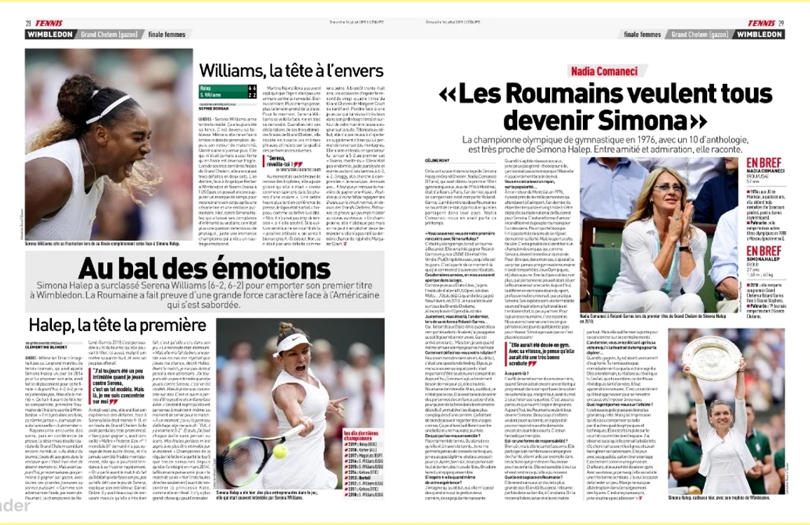 Cotidianul francez ”lEquipe” a dedicat două pagini victoriei Simonei Halep la Wimbledon 2019