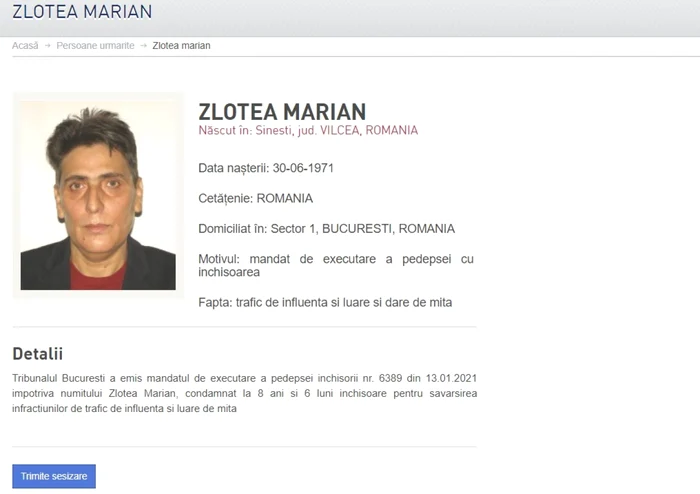 Condamnatul Marian Zlotea, urmărit internaţional. Imagine: Poliţia Română /Persoane urmărite