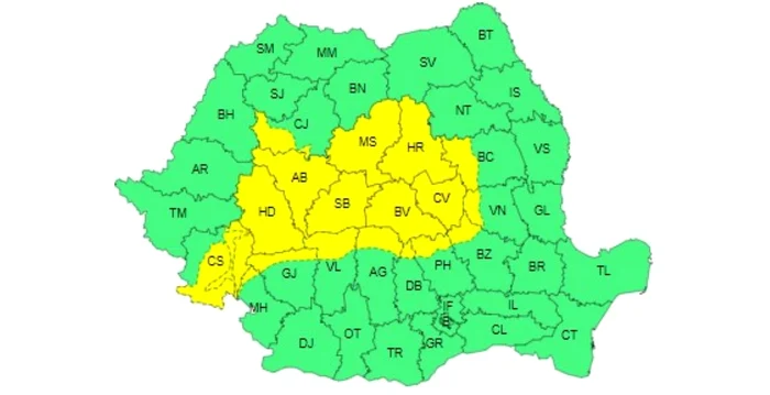 Județele vizate de codul galben de instabilitate atmosferică luni, 24 iunie.