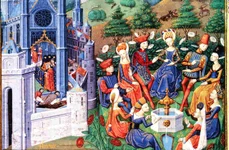 În Decameronul lui Boccaccio, zece tineri fug din calea epidemiei de ciumă care a luat în stăpânire oraşul (în stânga, Florenţa îşi îngroapă morţii) şi se dedică plăcerii povestitului (dreapta). Una dintre aceste poveşti îl are în centrul ei pe Lando