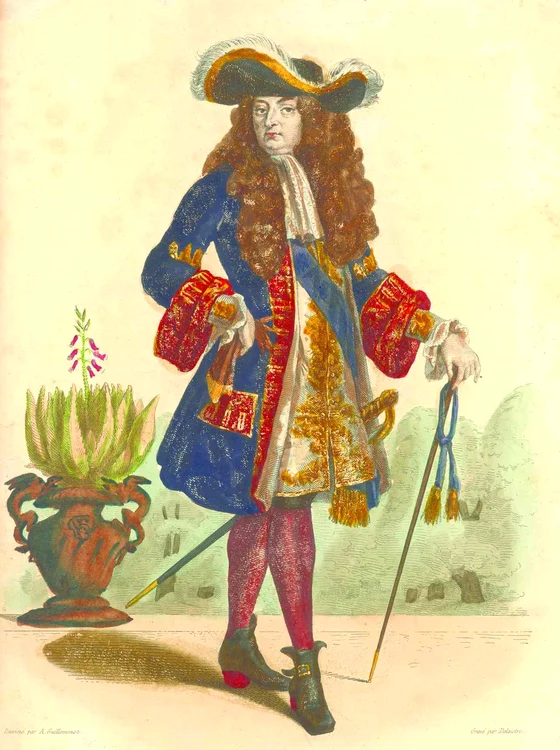 Regele Ludovic al XIV-lea îmbrăcat în juste-au-corps, în jurul anului 1670; jos: pantalon cu dantelă, pantof cu „funde în aripi de moară” (© Getty Images)