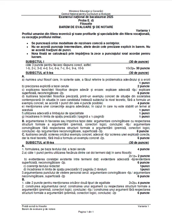 Baremele subiectelor la Filosofie. FOTO edu.ro