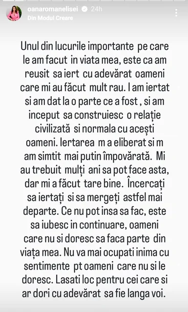 Mesajul postat de Oana Roman / foto: Captură InstaStory 