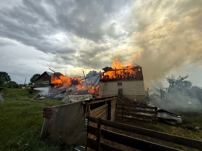 O magazie din lemn a luat foc după ce a fost lovită de trăsnet. Au fost salvați patru porci şi un căţel