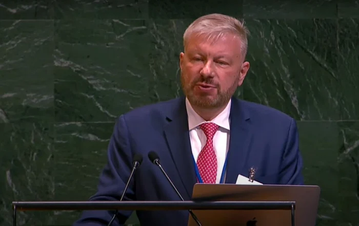 Greg Scărlătoiu într-o prezentare în fața Adunării Generale ONU în New York