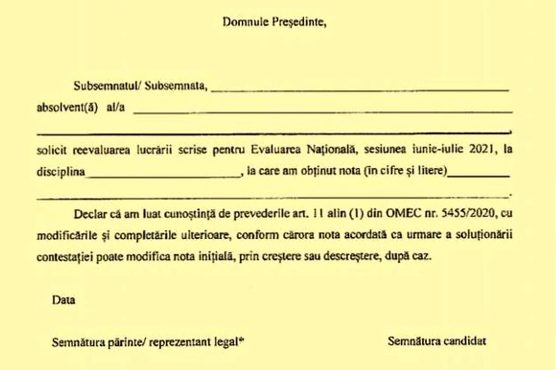Așa arată cererea tip pe care trebuie s-o completeze elevii care solicită recalcularea lucrărilor de la evaluarea națională 2021Sursa foto: edupedu.ro