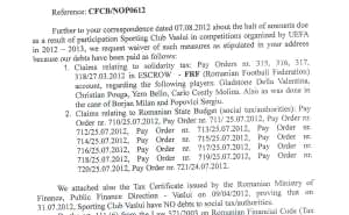 Aceasta este adresa trimisă de clubul vasluian celor de la UEFA