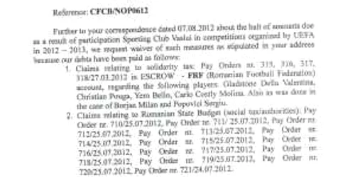 Aceasta este adresa trimisă de clubul vasluian celor de la UEFA