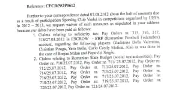 Aceasta este adresa trimisă de clubul vasluian celor de la UEFA