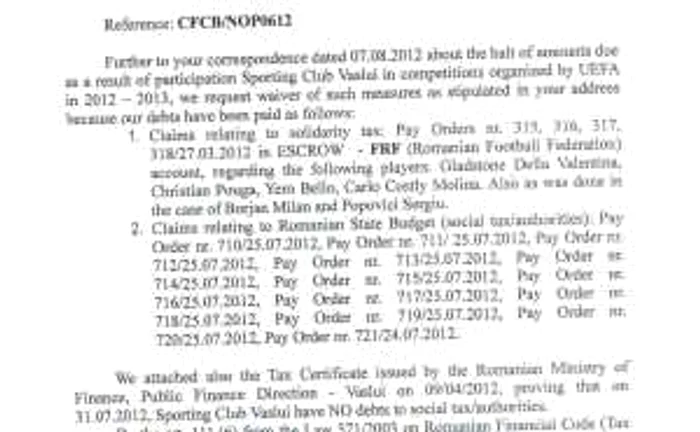 Aceasta este adresa trimisă de clubul vasluian celor de la UEFA