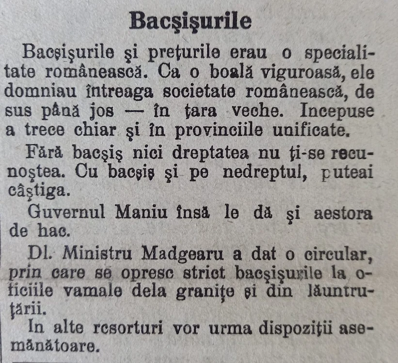 Articolul despre ”bacșișuri” publicat în 1929 FOTO Arhivele Naționale Alba