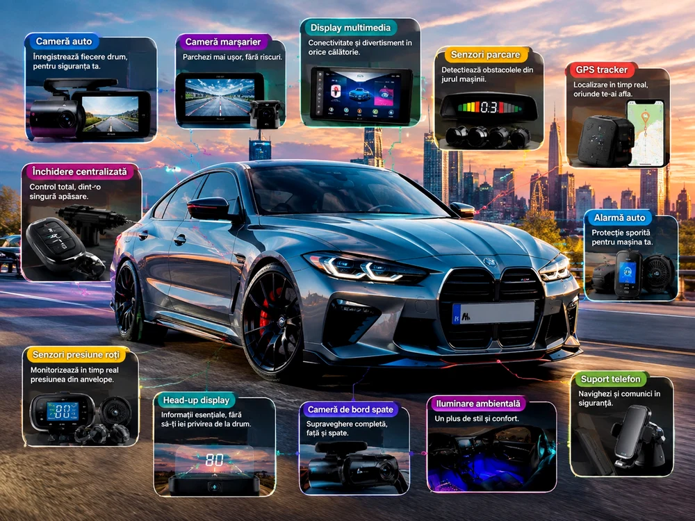 Mașină echipată cu gadgeturi și dotări auto pentru upgrade, inclusiv cameră de marșarier, GPS traker