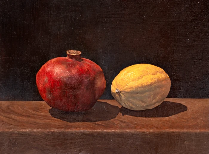 Natură statică cu rodie, Mihai Mureșan, ulei pe carton, 25 x 23,5 cm, prin amabilitatea artistului și sprijinul Sineva jpg