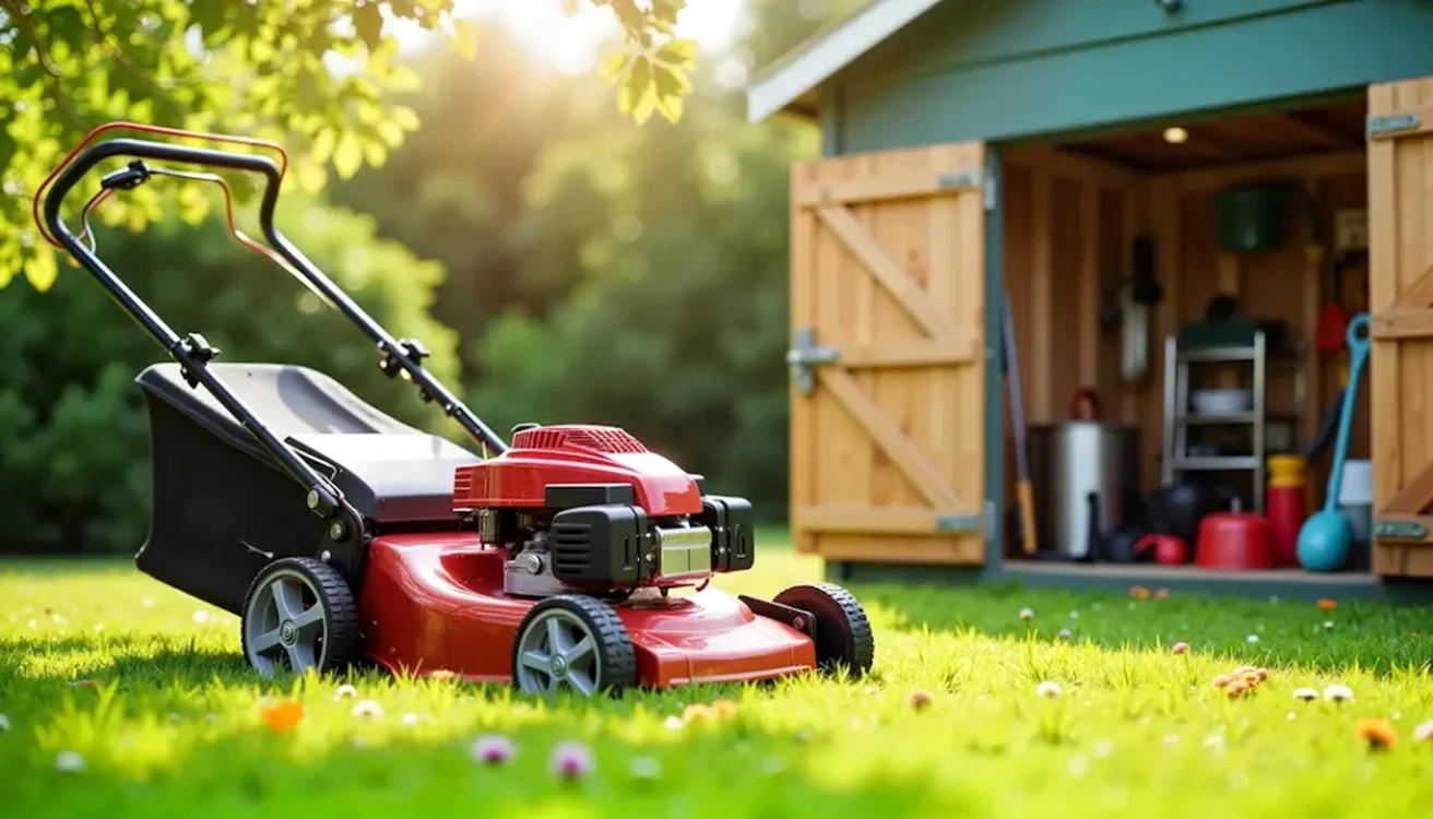 O mașină de tuns în fața unei magazii cu unelte de grădină Foto Myrddin Garden Machinery