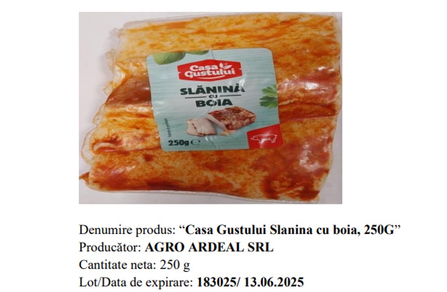 Alertă alimentară. Un lot de slănină cu boia, retras de la comercializare din cauza unei bacterii periculoase
