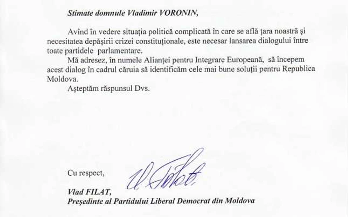 Scrisoarea trimisă de Filat