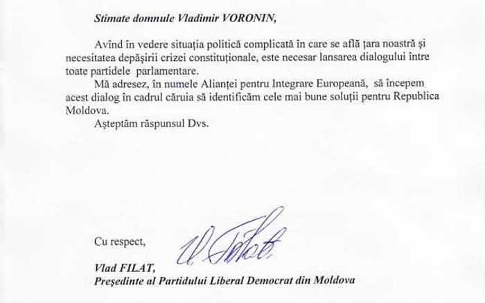Scrisoarea trimisă de Filat