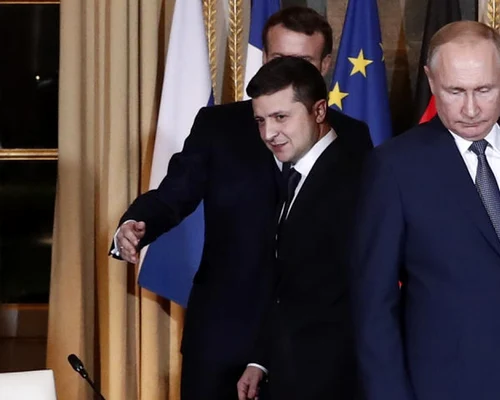 Volodimir Zelenski si Vladimir Putin la summitul in formatul Normandia desfasurat la Paris in decembrie 2019 FOTO EPA-EFE