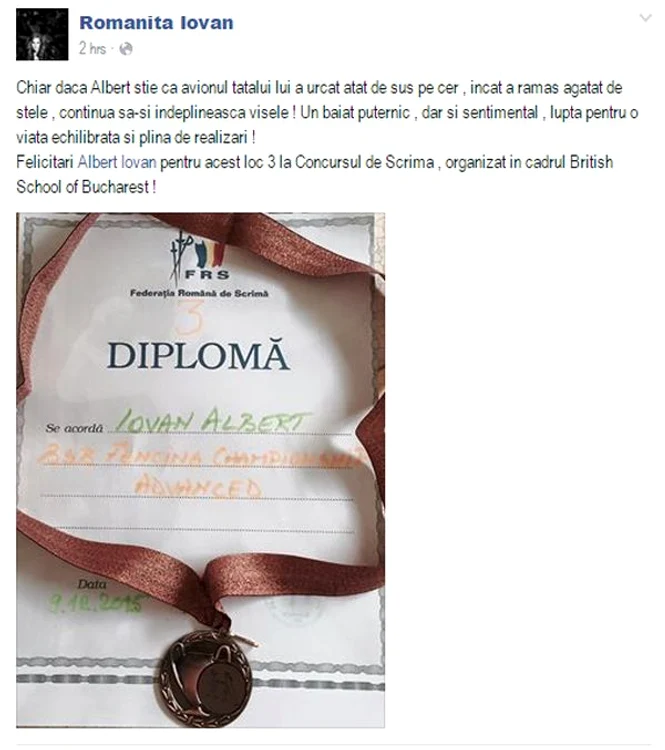 Romanița a publicat diploma pe care a obiținut-o Albert la concurs