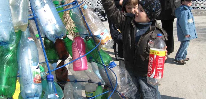 Elevii au confecţionat un brad din PET-urile adunate de pe malul râului. Foto: Claudia Sas